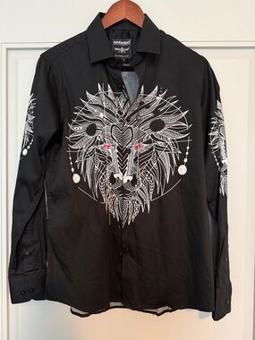 Barabas Black Lion Face Button-Up Shirt Slim Fit Small NWT $128
